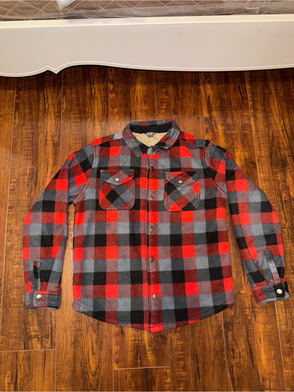 Eddie Bauer Red and Black Plaid Sherpa-Lined Shacket